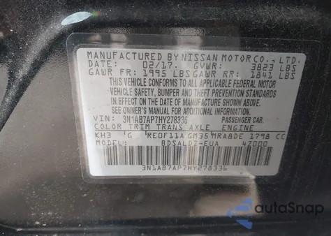 2017 Nissan Sentra Sv z USA, uszkodzony, nr VIN 3N1AB7AP7HY278336